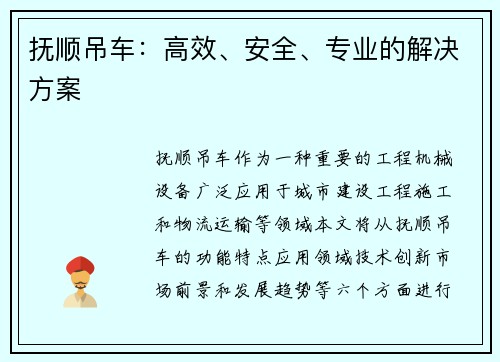 抚顺吊车：高效、安全、专业的解决方案